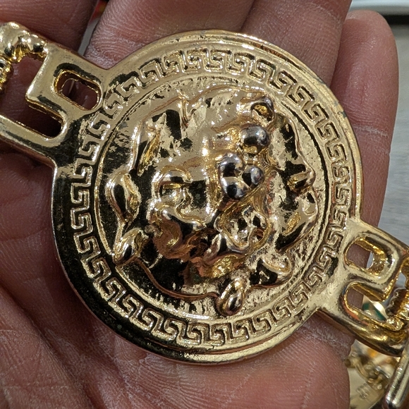 Vintage 3D Lion Head Crest Medallion Greek Key Linked Chain Belt - Picture 4 of 4